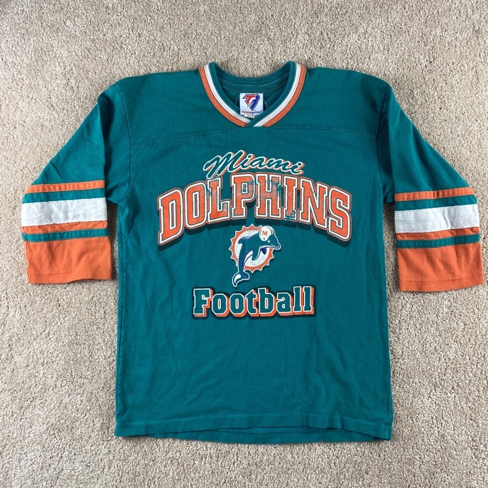 Vintage Team Rated Miami Dolphins Football Jersey Boys 14/16 Teal USA Made